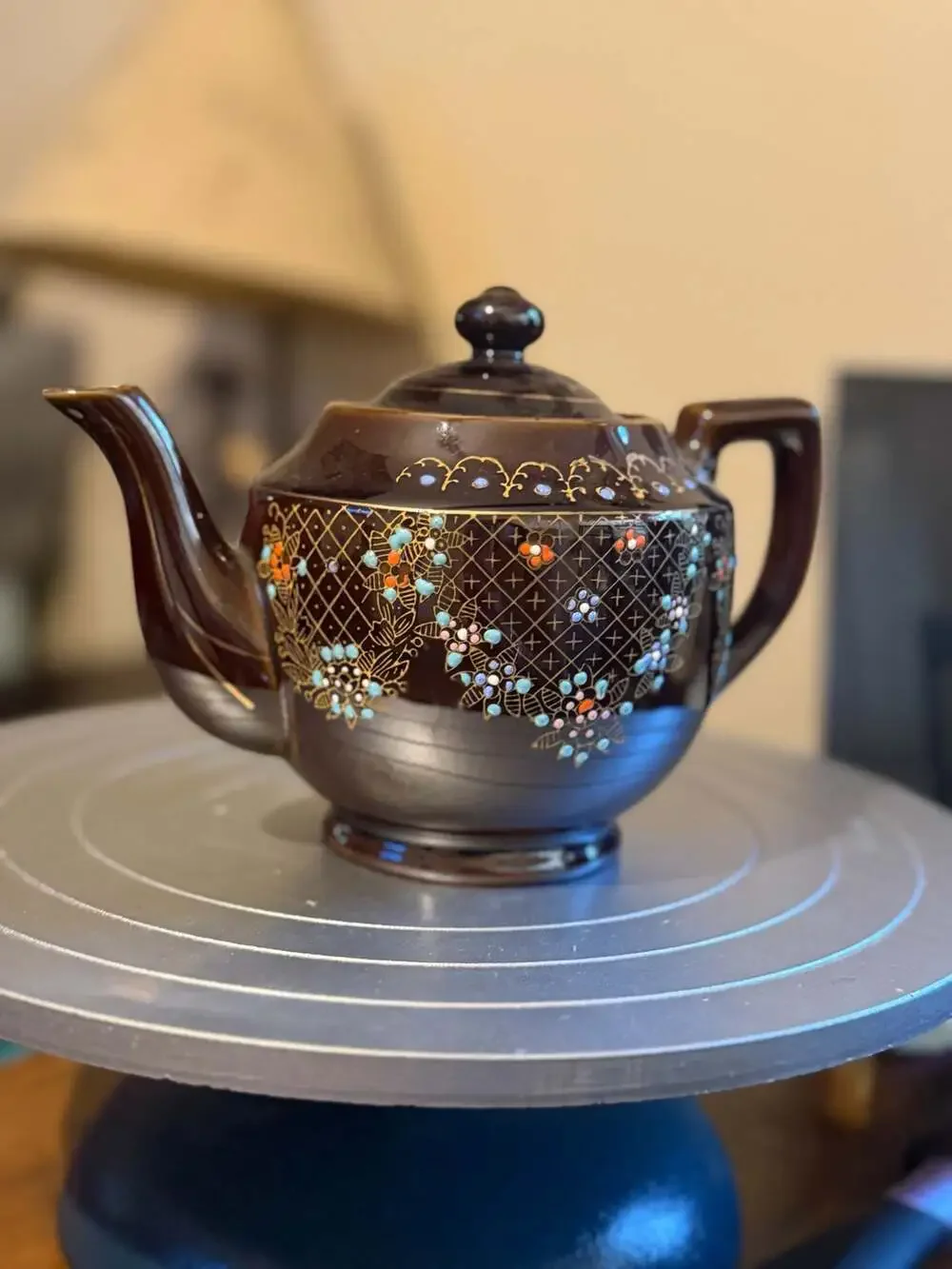 Vintage Japanese Brown Redware Teapot with Floral Moriage Enamel and Gold Trim